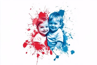 彩色泼墨中欢笑的孩童