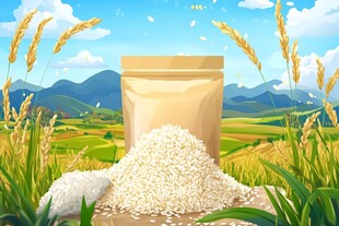 田野间的大米袋与稻谷美景