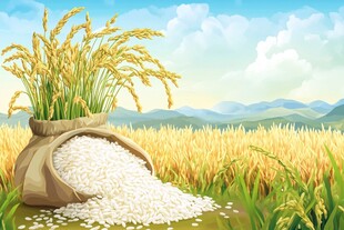 稻田边的米袋与饱满稻谷