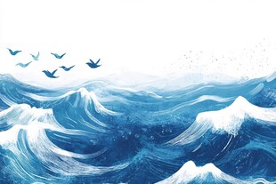海浪翻涌飞鸟翱翔图
