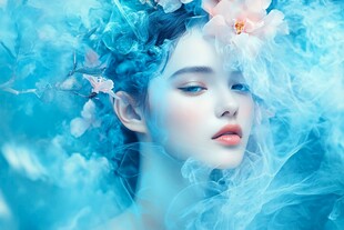梦幻蓝调花饰少女肖像