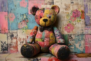 彩色涂鸦小熊坐于斑驳墙前