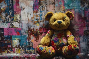花布小熊背靠多彩涂鸦墙