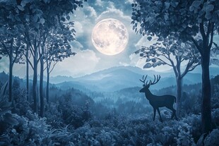 月夜森林中的孤独雄鹿