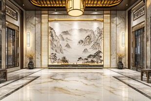 中式豪华大堂 山水壁画添韵
