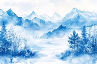 水墨蓝调山川雪景图
