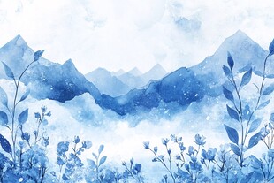 蓝调山水花草水彩画意境