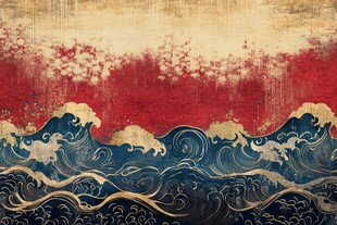 复古风格海浪红金艺术画