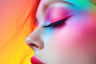 梦幻炫彩妆容的女性侧颜