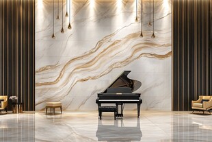 奢华大理石墙前的钢琴空间