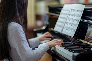 女孩专注弹奏钢琴瞬间