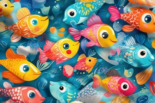 缤纷多彩的卡通小鱼群