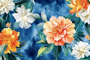 蓝底花卉图案的美丽绽放