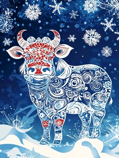 蓝白牛年冬日祥瑞图案