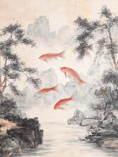 国画锦鲤游于山水间