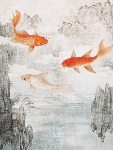 国画金鱼图 山水间灵动游鱼