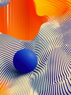 蓝球于条纹与橙幕间场景