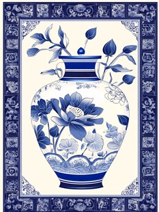 青花瓷瓶花卉图案装饰画