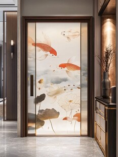 中式锦鲤玻璃门装饰画
