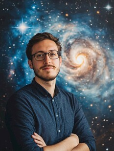 男子立于璀璨星系背景前