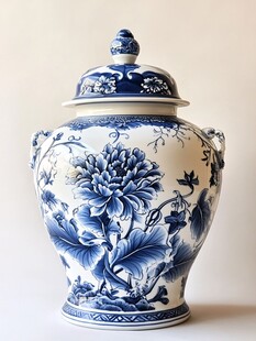 蓝白牡丹纹陶瓷盖罐