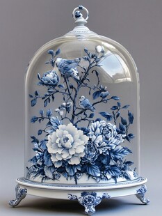 蓝白瓷花玻璃罩艺术摆件