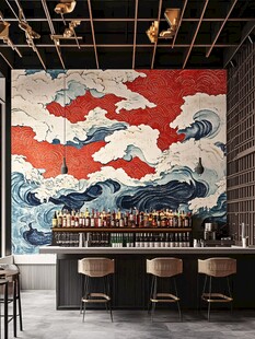 日式风酒吧的海浪壁画