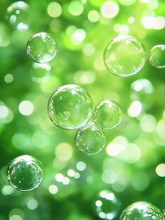 绿色背景上的透明泡泡