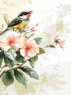枝头小鸟伴粉花