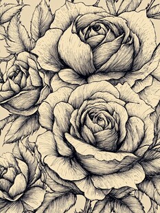 手绘复古风格盛放玫瑰花