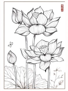 水墨荷花线描图