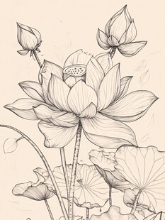 手绘荷花线稿插画作品