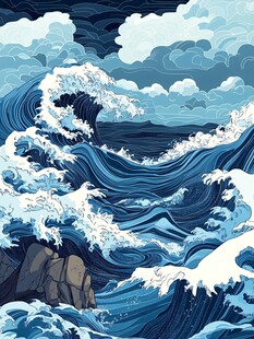 汹涌海浪拍打嶙峋礁石