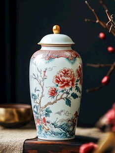中式花卉纹陶瓷储物罐