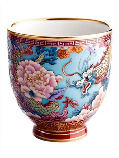 中式彩瓷杯 龙与牡丹纹饰