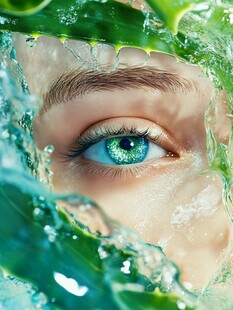 灵动眼眸与水润绿植邂逅