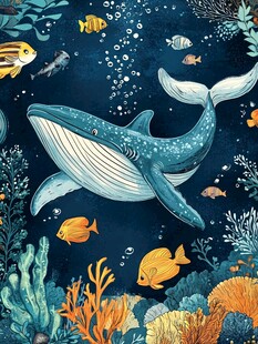 梦幻海底世界的鲸鱼与小鱼