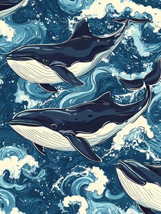 海洋鲸鱼与波浪无缝图案