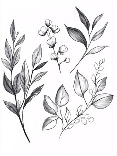 黑白手绘植物枝叶插画