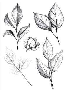 手绘植物叶片与花朵素材