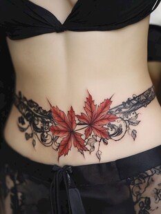 腰际枫叶蕾丝纹身图案
