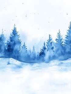 冬日雪林水彩风景图