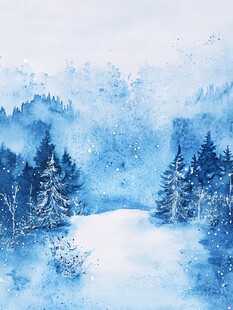 冬日雪林水彩梦幻风景