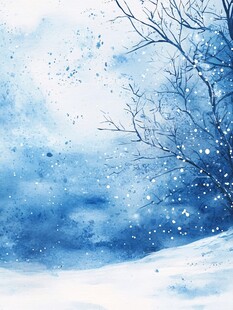 冬日雪景梦幻水彩画