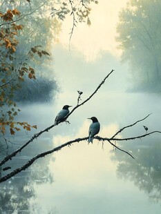 晨雾中枝头双鸟的静谧画面