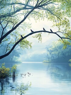 湖畔栖鸟 晨林静谧之景