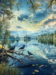 湖畔栖鸟 山川湖景美如画