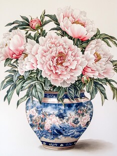 青花瓷瓶中的盛放粉牡丹