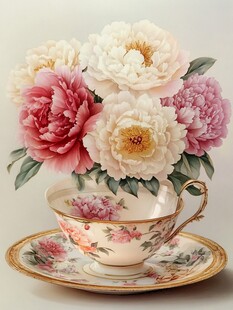 茶杯中盛放的绚烂牡丹花