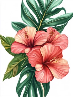 粉色扶桑花与绿叶插画